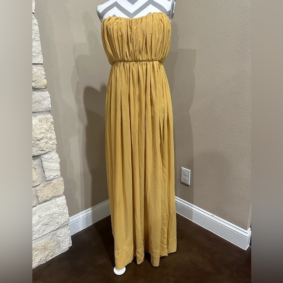 HOUSE OF CB LONDON Mustard Yellow Maxi Dress Strapless with Thigh High Slit - Picture 1 of 6